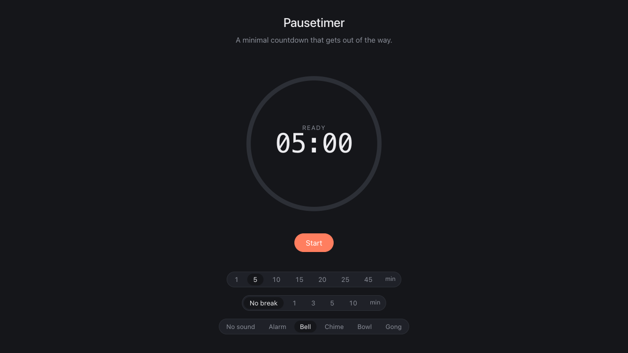 Pausetimer with 5:00 ready, Start button, time and sound presets