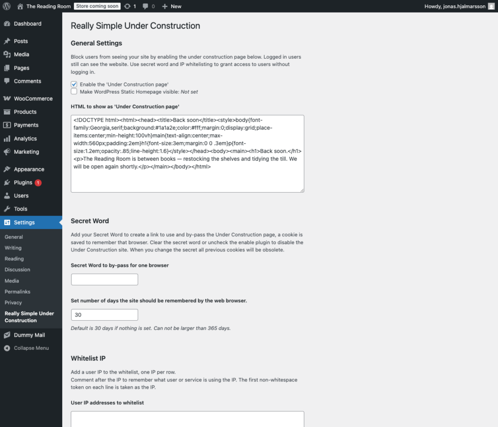 One simple settings page to get Really Simple Under Construction page to work.
