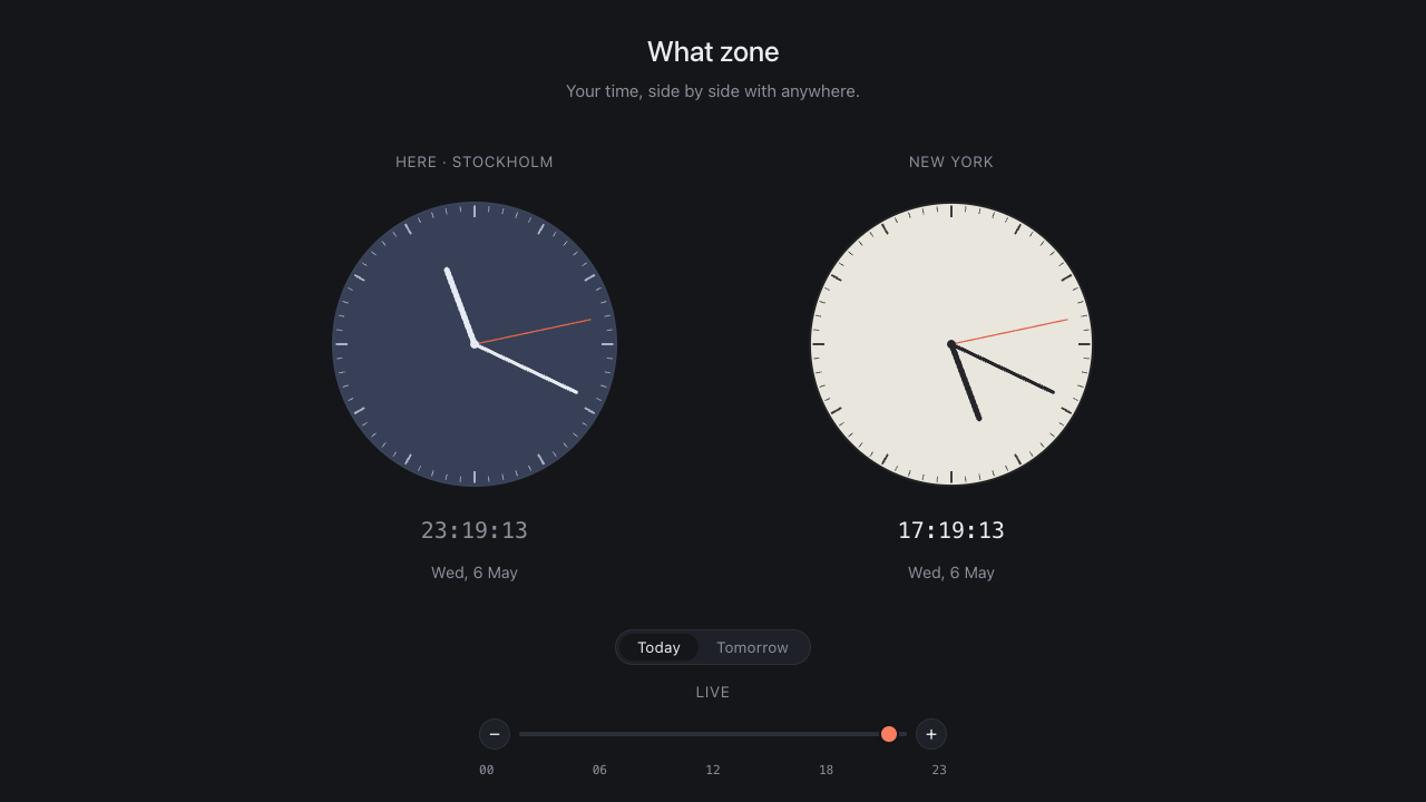 Whatzone showing Stockholm and New York clocks side by side