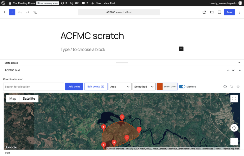 The Coordinates map field in the post editor with numbered points and a smoothed area drawn through them.