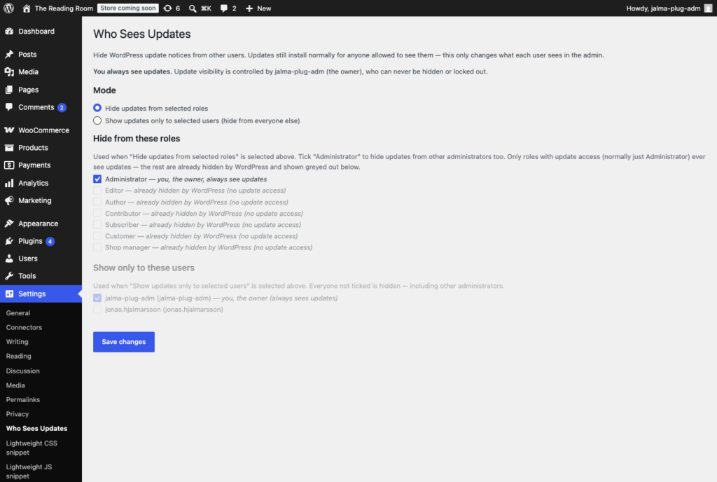 Jalma Who Sees Updates settings page