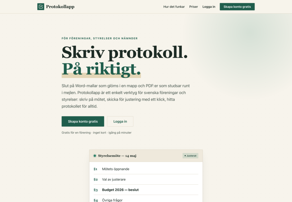 Protokollapps startsida: Skriv protokoll. På riktigt. Med exempel på ett strukturerat styrelseprotokoll.