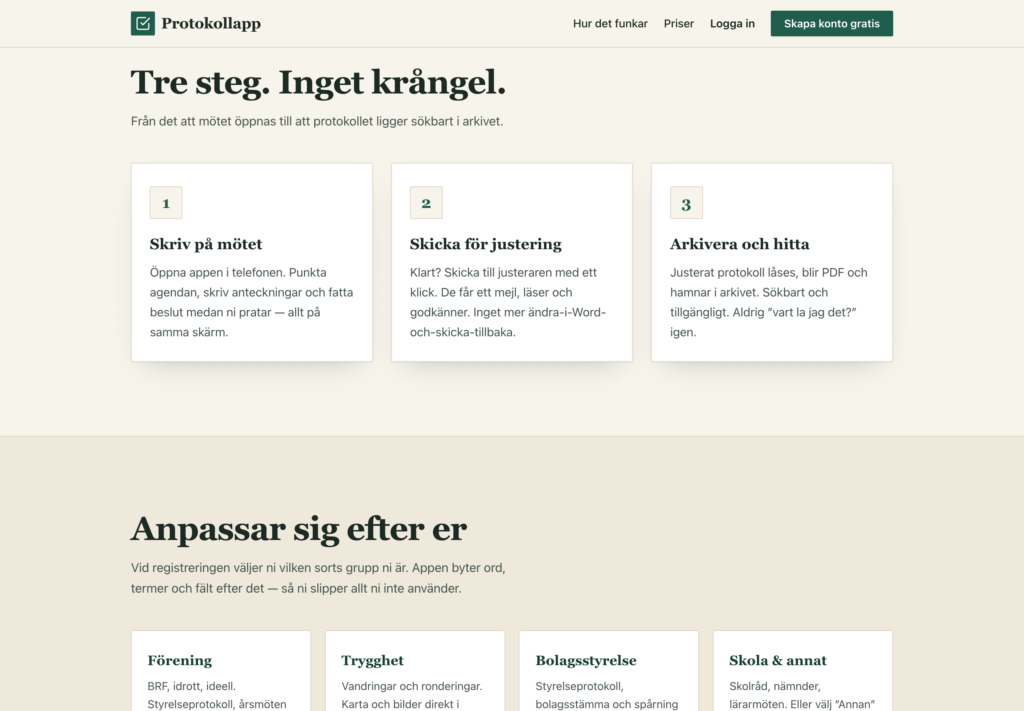 Tre steg i Protokollapp: skriv på mötet, skicka för justering, arkivera och hitta.